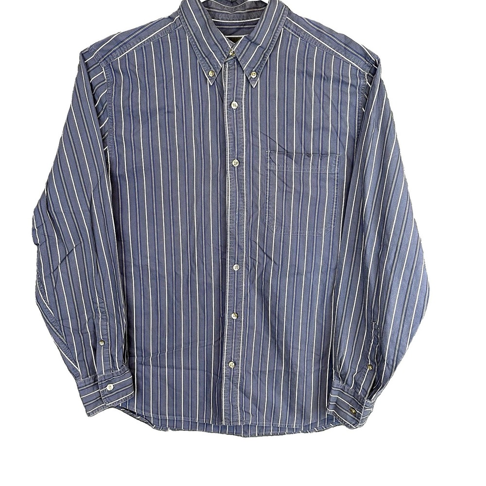 Eddie Bauer Men's M Blue White Striped Woven Cotton Button-Down Shirt LS